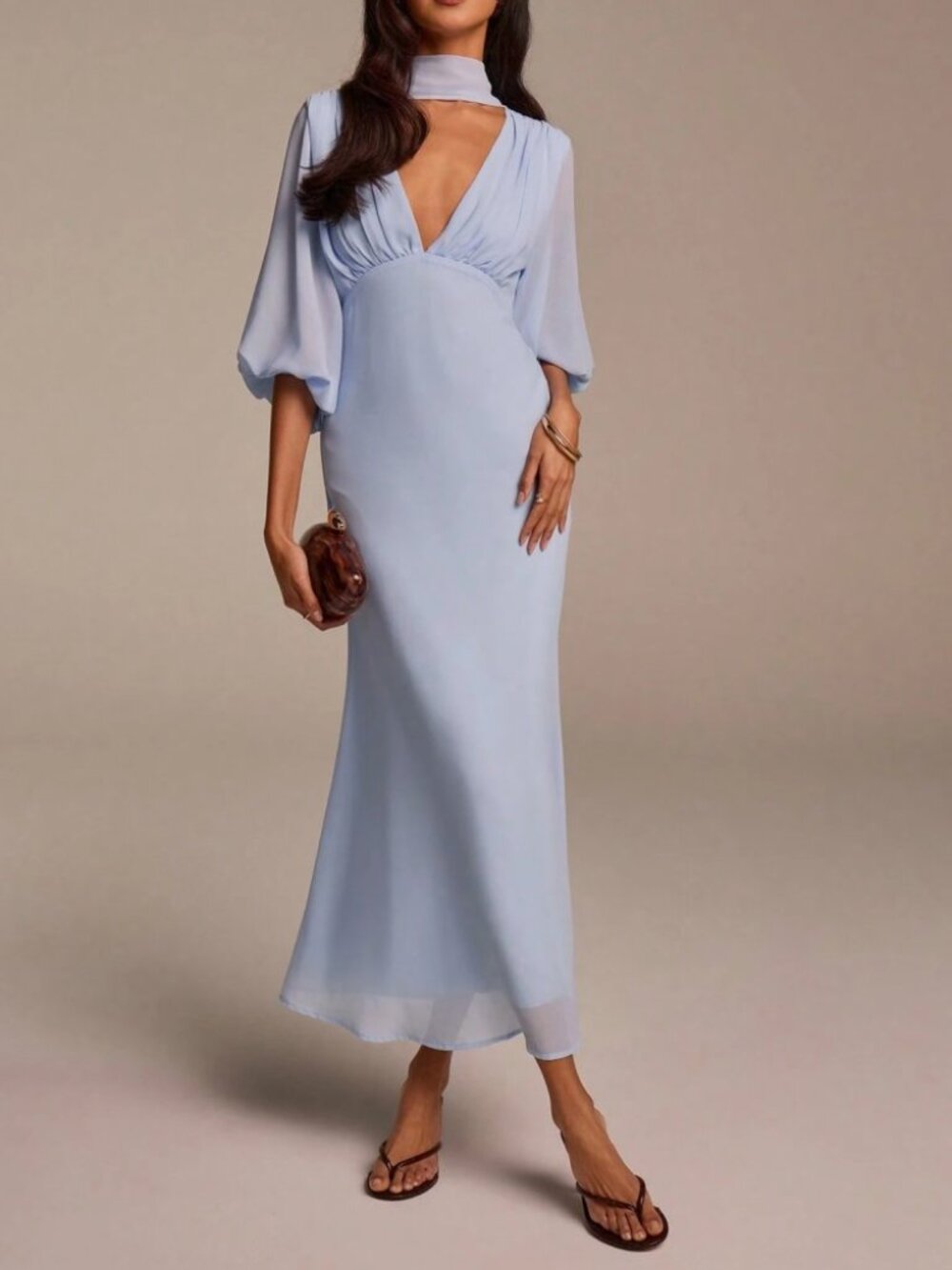 Sky Blue Cutout Halter Maxi Dress with Balloon Sleeves